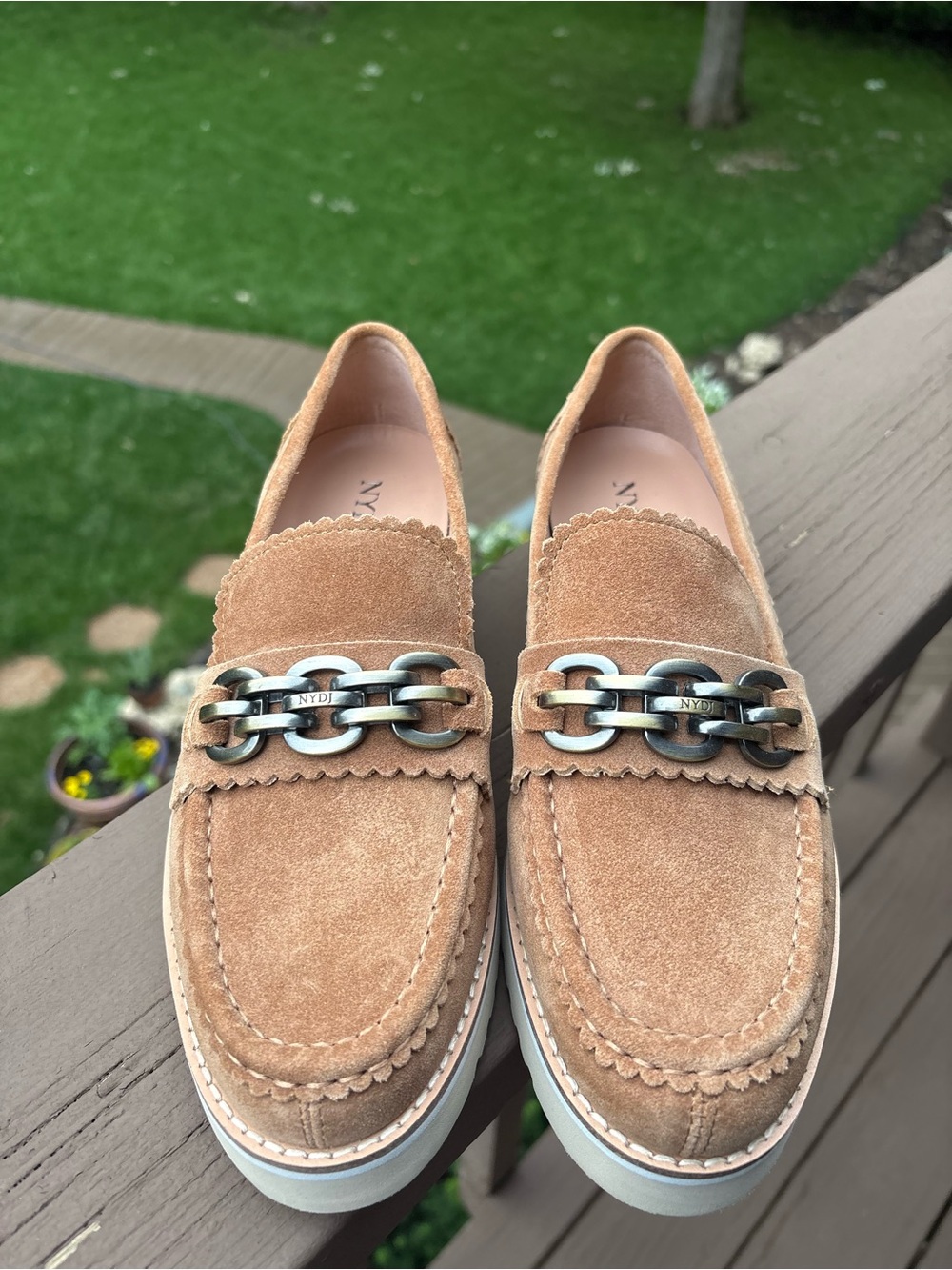 NYDJ Women's Tan Suede Loafers with Chain Detail